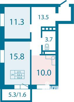 2-к квартира, строящийся дом, 56м2, 14/25 этаж
