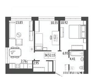 3-к квартира, вторичка, 52м2, 10/17 этаж
