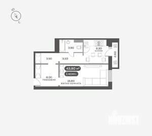 1-к квартира, вторичка, 44м2, 14/17 этаж