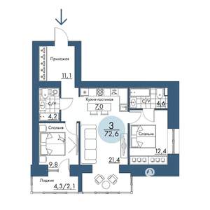 3-к квартира, строящийся дом, 73м2, 13/17 этаж