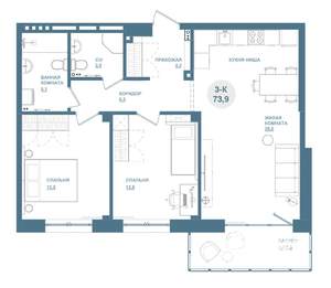 3-к квартира, строящийся дом, 74м2, 2/19 этаж