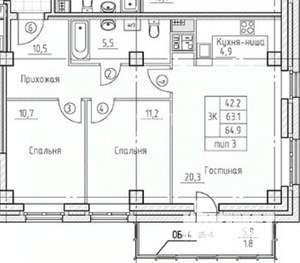 3-к квартира, вторичка, 65м2, 6/25 этаж