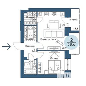 2-к квартира, строящийся дом, 59м2, 9/17 этаж