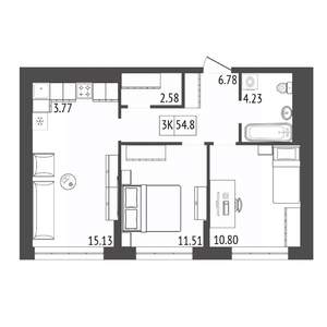 3-к квартира, строящийся дом, 55м2, 13/17 этаж