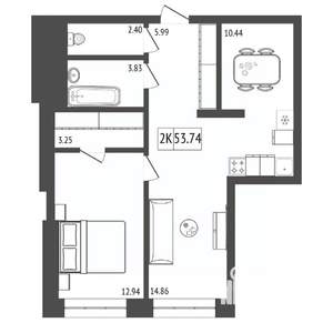 2-к квартира, строящийся дом, 54м2, 2/17 этаж