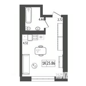 1-к квартира, строящийся дом, 26м2, 4/17 этаж
