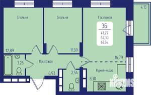 3-к квартира, строящийся дом, 64м2, 16/25 этаж