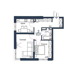 2-к квартира, строящийся дом, 54м2, 7/23 этаж