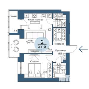 2-к квартира, строящийся дом, 59м2, 8/17 этаж