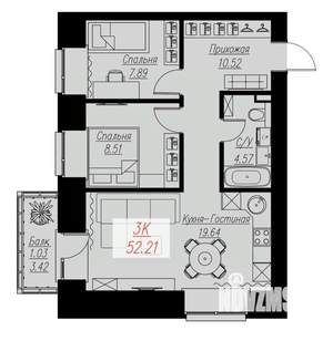 2-к квартира, строящийся дом, 52м2, 3/17 этаж