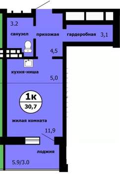 Студия квартира, вторичка, 30м2, 7/9 этаж