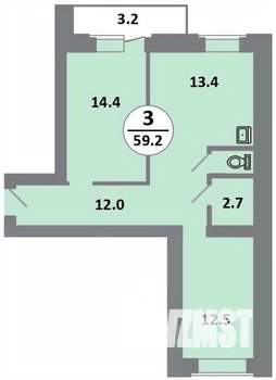 3-к квартира, строящийся дом, 59м2, 2/14 этаж