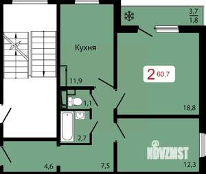 2-к квартира, строящийся дом, 61м2, 14/17 этаж