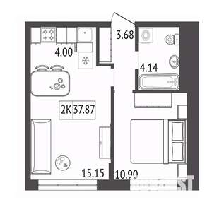 2-к квартира, строящийся дом, 38м2, 8/17 этаж