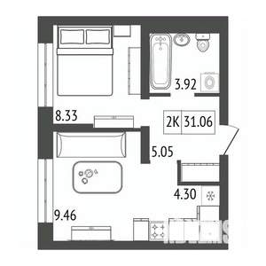 2-к квартира, строящийся дом, 31м2, 3/17 этаж