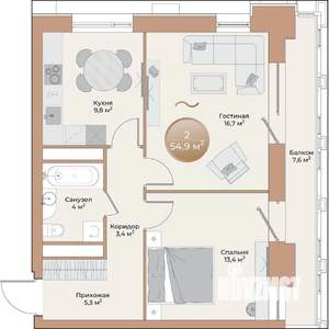 2-к квартира, вторичка, 55м2, 3/24 этаж