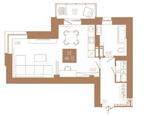 1-к квартира, строящийся дом, 46м2, 18/23 этаж
