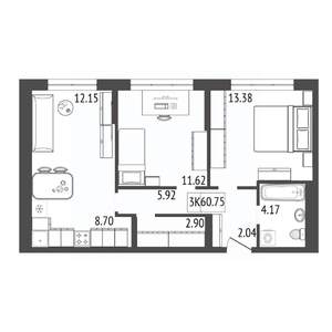 3-к квартира, строящийся дом, 61м2, 10/17 этаж