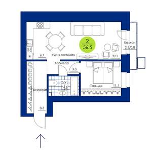 2-к квартира, вторичка, 57м2, 8/17 этаж