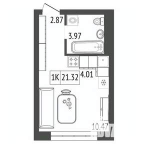 1-к квартира, строящийся дом, 21м2, 7/17 этаж