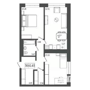 3-к квартира, строящийся дом, 62м2, 4/17 этаж