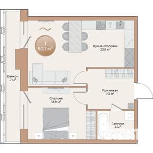 1-к квартира, строящийся дом, 50м2, 8/24 этаж
