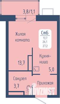 Студия квартира, строящийся дом, 27м2, 13/15 этаж