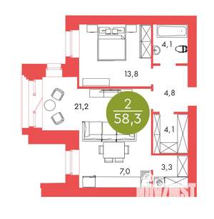 2-к квартира, строящийся дом, 58м2, 14/17 этаж