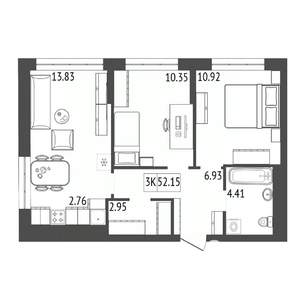 3-к квартира, строящийся дом, 52м2, 2/17 этаж