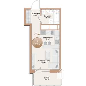 1-к квартира, строящийся дом, 26м2, 2/24 этаж