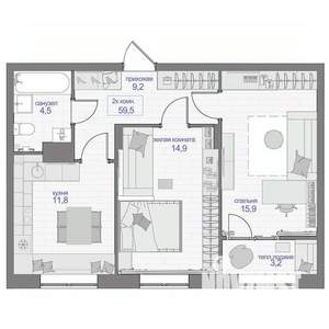 2-к квартира, вторичка, 60м2, 2/13 этаж