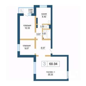 3-к квартира, строящийся дом, 70м2, 16/17 этаж