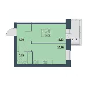 1-к квартира, строящийся дом, 40м2, 6/9 этаж