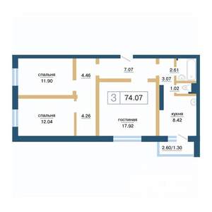 3-к квартира, вторичка, 74м2, 7/17 этаж