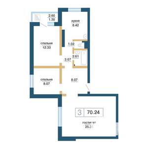 3-к квартира, строящийся дом, 70м2, 15/17 этаж