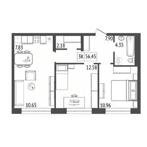 3-к квартира, строящийся дом, 57м2, 4/17 этаж
