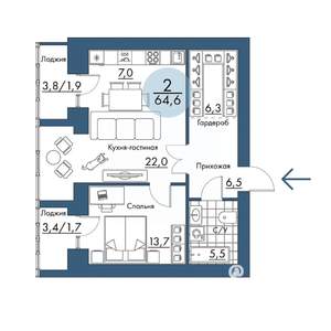 2-к квартира, строящийся дом, 65м2, 16/17 этаж