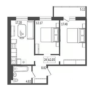 2-к квартира, вторичка, 62м2, 12/18 этаж