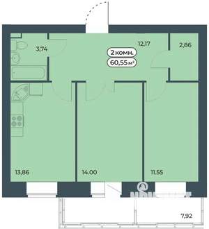 2-к квартира, строящийся дом, 61м2, 9/9 этаж
