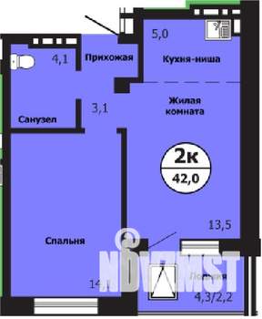 2-к квартира, строящийся дом, 42м2, 10/19 этаж