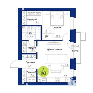 2-к квартира, строящийся дом, 60м2, 12/17 этаж