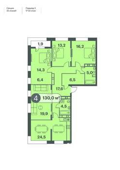 4-к квартира, строящийся дом, 130м2, 19/25 этаж