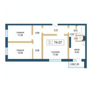 3-к квартира, строящийся дом, 74м2, 6/17 этаж