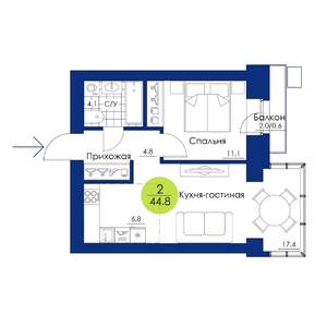 2-к квартира, вторичка, 45м2, 7/17 этаж
