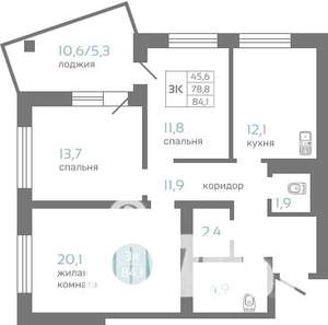 3-к квартира, строящийся дом, 84м2, 13/19 этаж