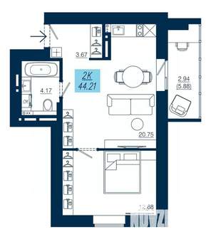 1-к квартира, строящийся дом, 44м2, 14/19 этаж
