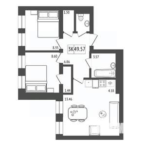 3-к квартира, строящийся дом, 50м2, 14/17 этаж