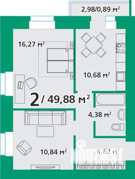 2-к квартира, строящийся дом, 53м2, 2/8 этаж