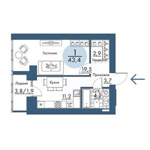 1-к квартира, строящийся дом, 43м2, 13/17 этаж
