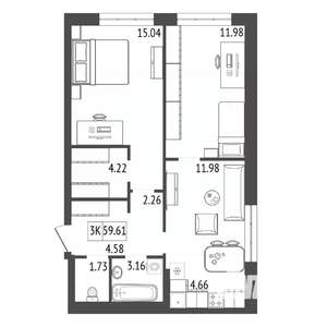 3-к квартира, строящийся дом, 60м2, 9/17 этаж